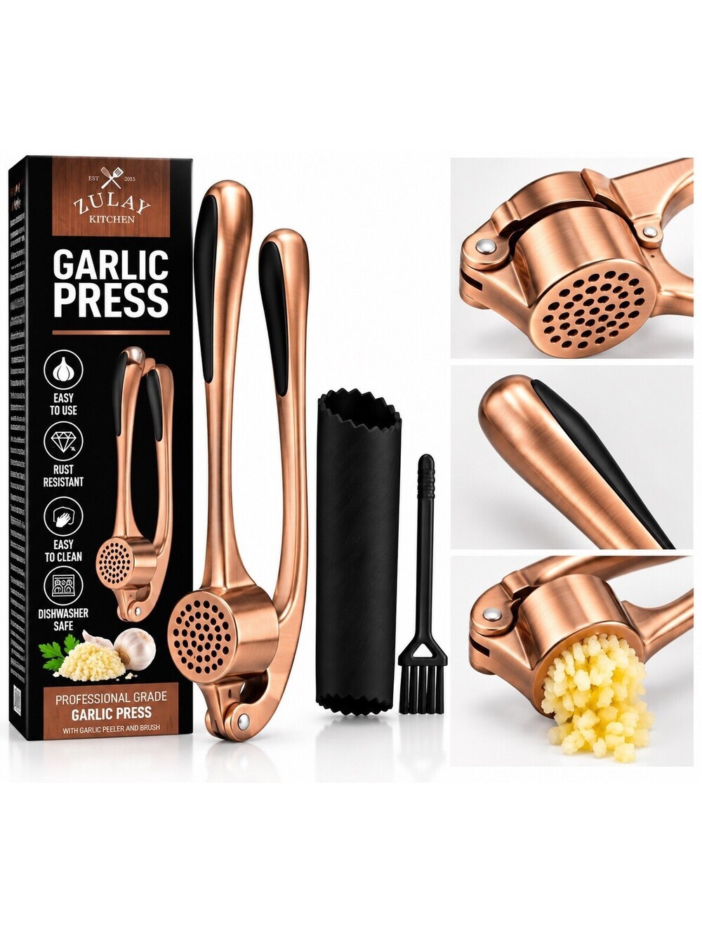 🧄 Zulay Kitchen Garlic Press – Copper – Peeler & Cleaning Brush – New